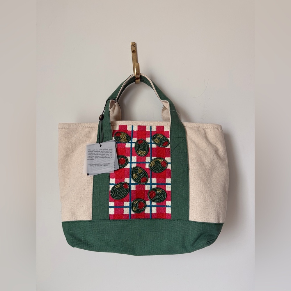 Beaded Olive plaid canvas mini Tote Bag